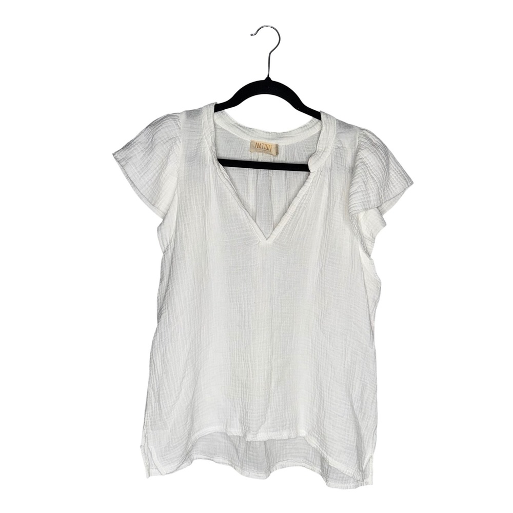 Nation LTD Gauze Top Women Large White Excellent Flutter Sleeve V-Neck Cotton